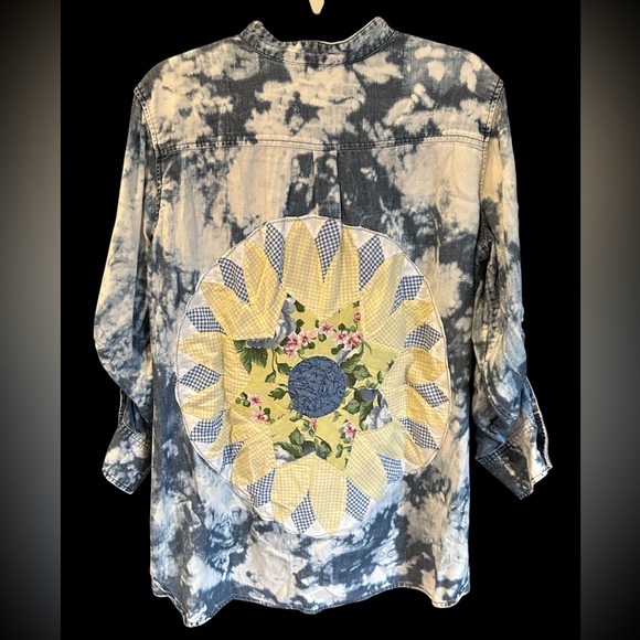 UPCYCLED HANDMADE Patchwork Quilted Cottagecore Denim Sunflower‎ Shirt Boho L - Picture 4 of 12